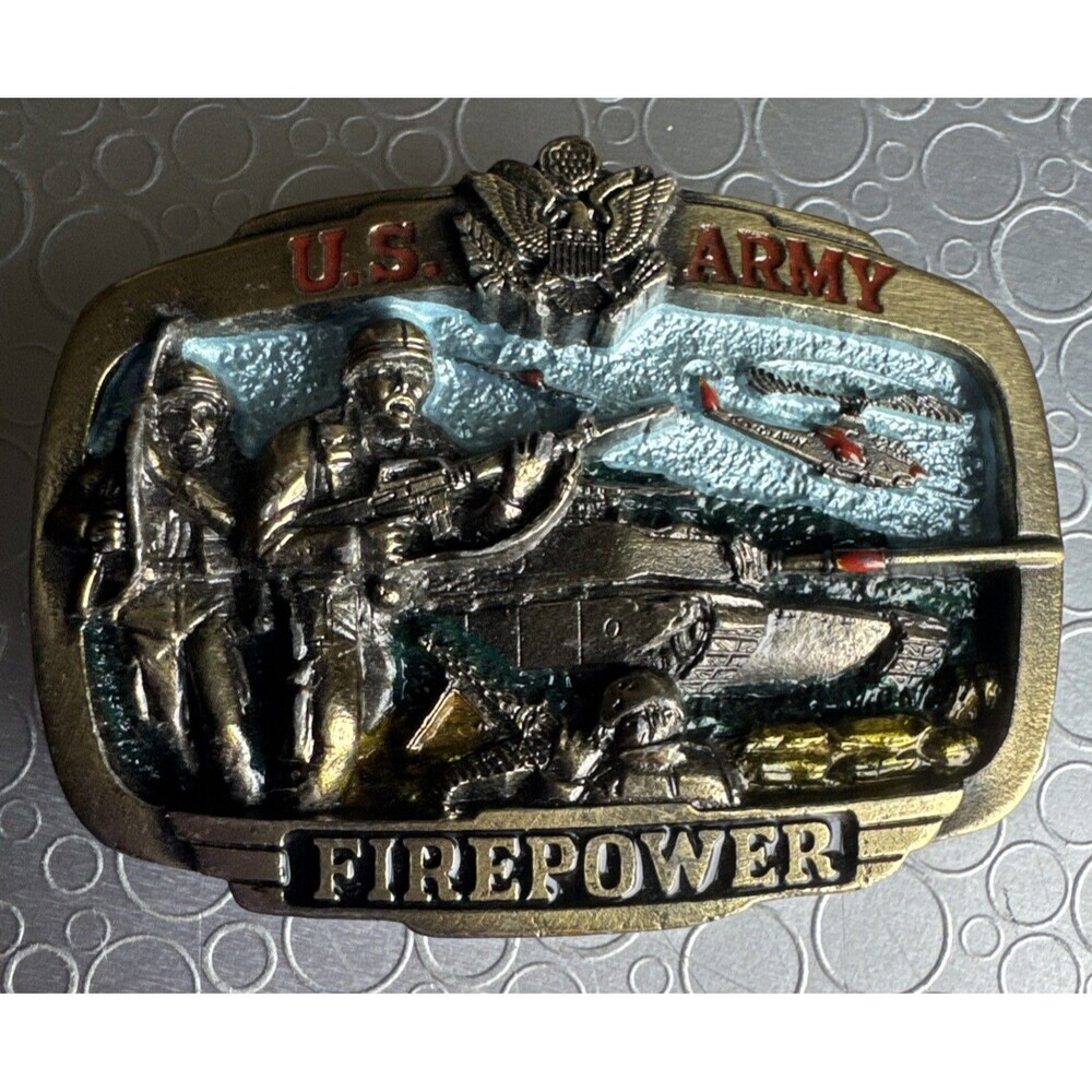 Vintage 1983 US Army Firepower Brass Belt Buckle Great American Co Serial H1071